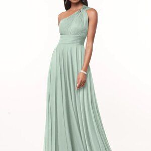 Azazie Charlize Stretch Matcha A-Line One Shoulder Mesh Dress